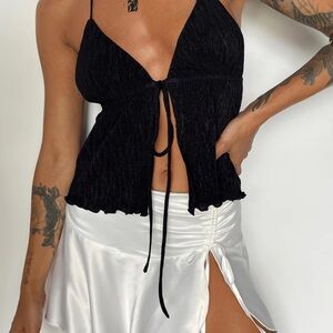 Black Ruched Tie-Front Top